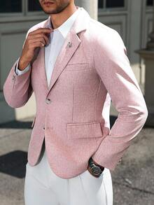 Manfinity Mode Men's Solid Color Notched Collar Single-Breasted Casual Versatile Daily Wear Long Sleeve Suit Blazer, Ceremony, Formal - Dusty Pink - View 8