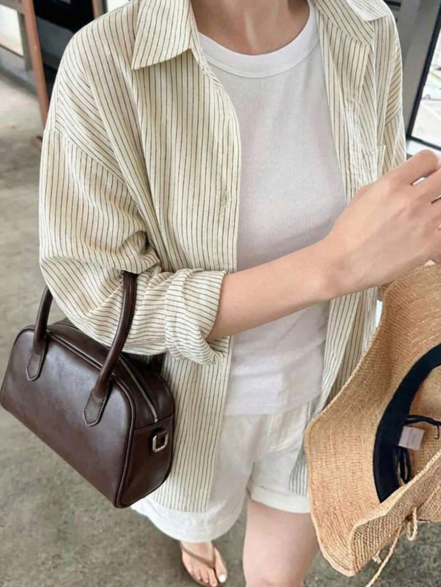 DAZY 女士条纹单排扣休闲百搭日常衬衫 - 淺藍色 - 查看 1