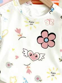 4件套女童休闲时尚创意简约清新白色底黑色蝴蝶结、橙白条纹、粉色花卉、天使翅膀花卉爱心星星卡通蝴蝶字母印花短袖T恤，舒适日常穿着，温暖的夏秋款式，适合春、夏、秋季穿着。 - 彩色 - 查看 5