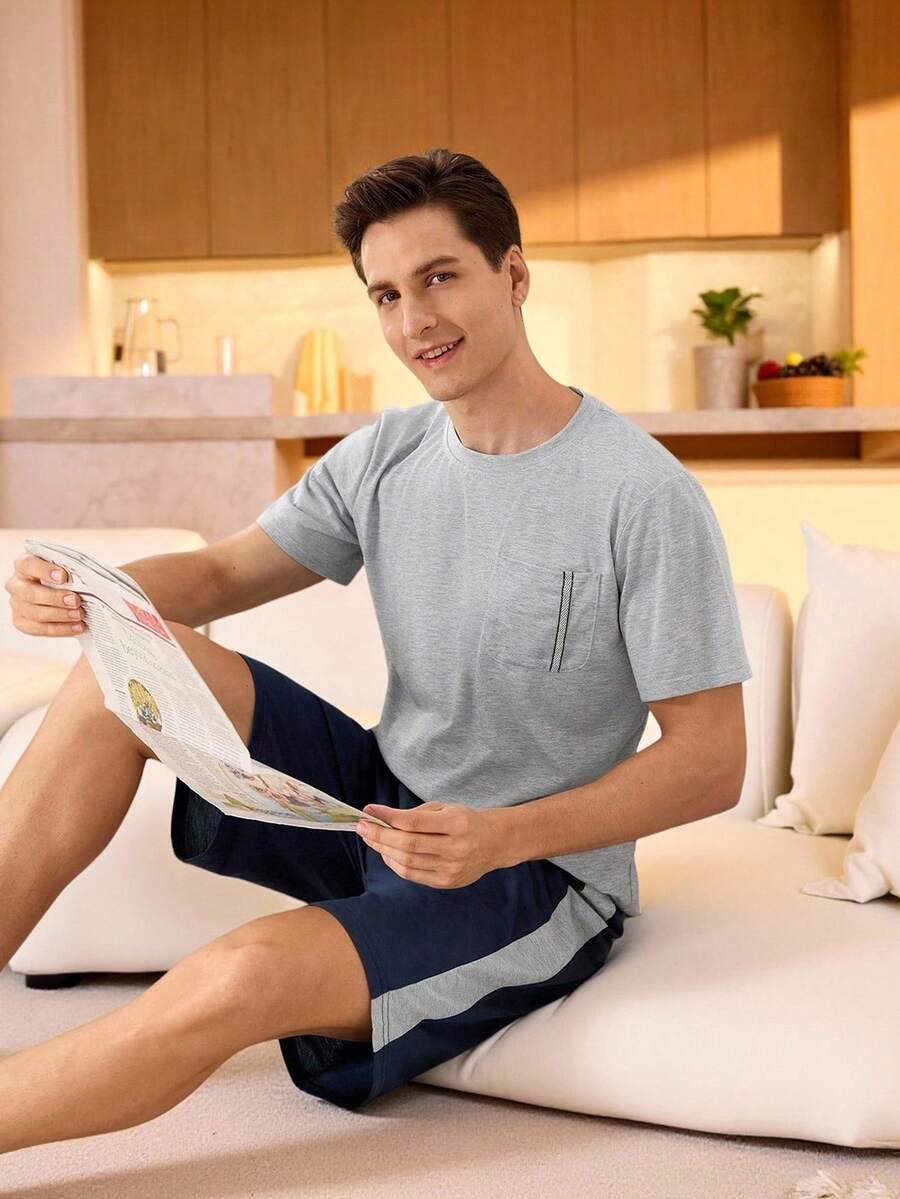 Manfinity Underwear&Sleepwear Basics 男士短袖T恤 & 短褲睡衣套裝 - 淺灰色 - 查看 1