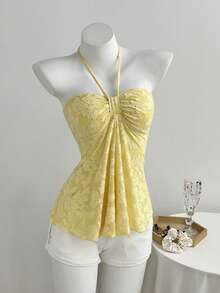 Elamini Women's Textured Sleeveless Halter Neck Casual Elegant Top, Versatile New Style, Summer Vacation Yellow - Apricot - View 4