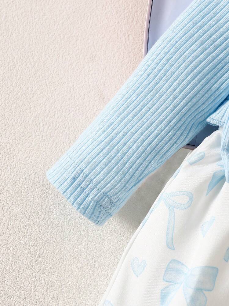 SHEIN Bộ váy dài tay ren đỏ in hình hoa trái tim và băng đô cài tóc cùng màu cho bé gái sơ sinh, thanh lịch, ngọt ngào và dễ thương, thích hợp cho các hoạt động ngoài trời thường ngày vào mùa thu. - Màu xanh lam - Xem 4