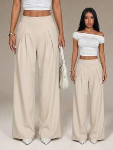 SHEIN PETITE Quần nữ màu trơn, thời trang mùa hè, quần ống rộng nữ, quần công sở nữ, quần nữ mùa thu/đông. - Màu Khaki - Xem 8