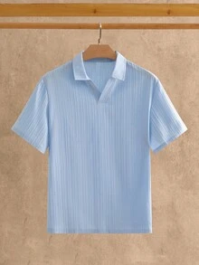 Manfinity VCAY 3件組男士亞麻圓點短袖POLO衫休閒素色短袖POLO衫，男士Johnny領紋理POLO，華夫格針織短袖衫，休閒素色無鈕扣POLO，男士夏季針織套頭衫，男士短袖POLO衫休閒素色紋理華夫格針織Johnny領套頭夏季T恤，老錢風，度假，父親節禮物 - 彩色 - 查看 4