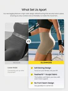 GLOWMODE 4.3" CoreHold FeatherFit™-Sculpt Pavement Pusher No Front Seam Corset Support Tummy Control Biker Shorts With Side Pockets Non-Slip Strips Medium Impact Running Jogging Training Gym Workout - Khaki - View 2
