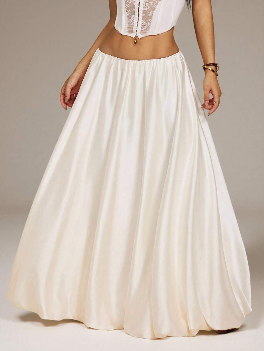 SHEIN PETITE Chân váy chữ A đơn giản xếp ly bằng vải satin màu be dành cho nữ. - Màu be - Xem 1