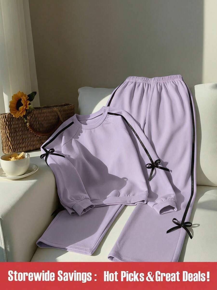 SHEIN Set de 2 piezas Blusas informales para niñas preadolescentes con bloques de color y decoración de lazo - Morado - Ver 1