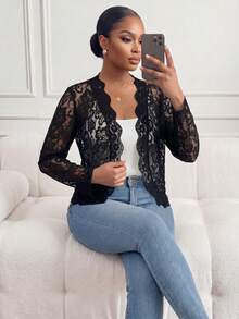 SHEIN Lady Jaqueta Fina de Manga Longa Elegante de Cor Sólida Transparente de Renda Plus Size - Preto - Visão 5