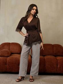 HautHeat Women's Lace Trim Robe With Waist Tie And Striped Print Pants Pajama Set, Suitable For Spring, Summer And Autumn - Rust Brown - View 4