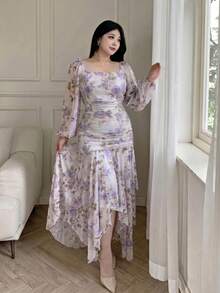 Feyla Große Größen Kleid mit Blume Muster, quadratischem Ausschnitt, Rüschen und eleganten Langärmeln - Violett - Übersicht 5