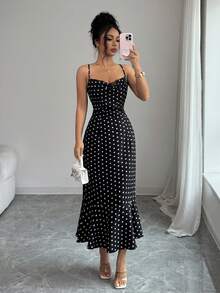 Raffinéa 2026 Nuevo vestido de verano con tirantes de espagueti y lunares para mujer, vestido largo retro elegante con cuello de encaje, volantes en la cintura y cola de, vestido de fies - Blanco y Negro - Ver 2