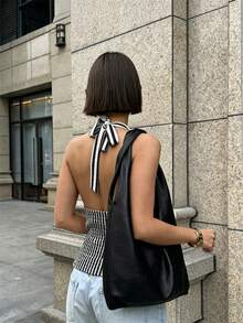 SHEIN Franclia 新款优雅V领露背修身背心，简约设计，通勤时尚，春夏款 - 黑與白 - 查看 3