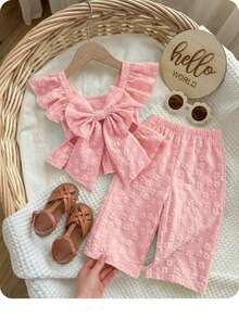2 Pieces Baby Girl Summer Casual Color-Blocked Ruffled Shirt And Trousers Set - Baby Pink - View 4