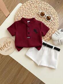 Newborn Baby Boy Cute Collegiate Style Knit Red Short Sleeve Top And Elastic Waist Shorts Set - Burgundy - View 3