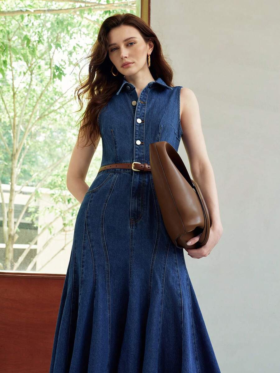 MOTF PREMIUM WOMEN'S SPRING/SUMMER COLLARED STRUCTURED FITTED MIDI MERMAID HEM DRESS - Blue - View 1