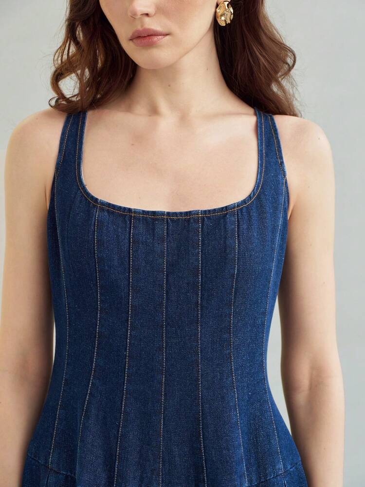 WOMEN'S A-LINE MID-LENGTH DENIM DRESS WITH LOW CENTER OF GRAVITY DESIGN, SPRING/SUMMER