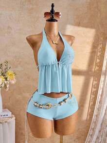Bellisia 26SS Spring/Summer Vacation Beach Holiday Vacation Rhinestone Butterfly Print Halter Tankini Set Light Blue Tropical - Baby Blue - View 5