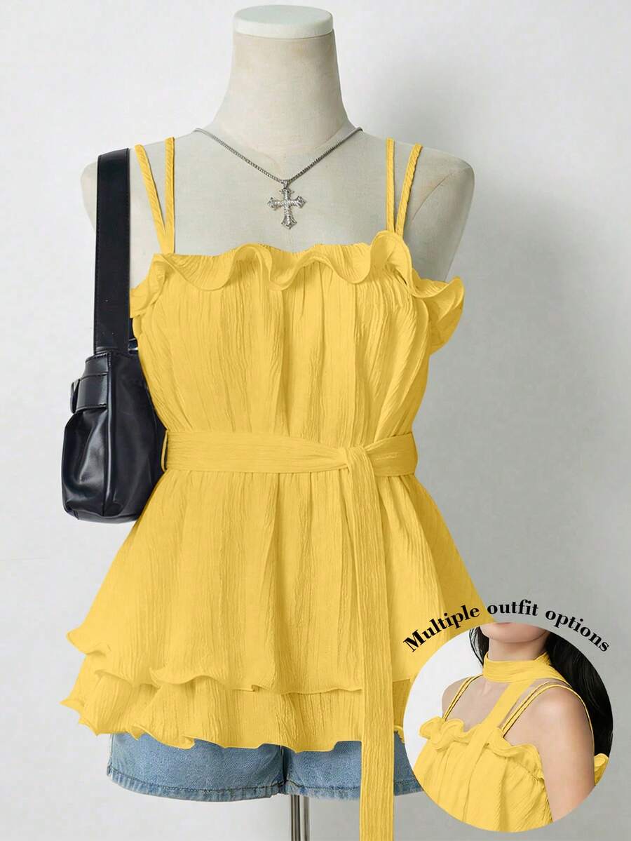 Lalippa Summer Sweet Ruffled Hem Solid Color Camisole, Tie Waist, Suitable For Vacation Wear - Yellow - View 1