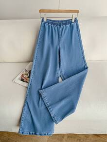 Mori Grove Mori Grove Women's Solid Color Elastic Waist Straight Loose Casual Wide Leg Jeans Travel Light Blue Summer - Blue - View 3