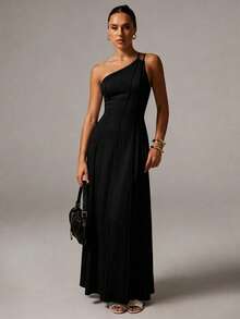 Avenya Women's Solid Color Elegant Elegent Waist Cinched Party Formal Dress Black Summer - Black - View 3