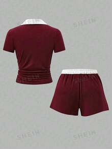 SHEIN 青少年女孩對比色半拉鍊短袖休閒夏季百搭T恤套裝 - 酒紅色 - 查看 2