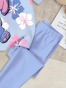 夏季家庭套裝 少女可愛卡通藍兔 Lulu Stitch 花卉圓領寬鬆短袖 T-shirt 緊身褲 2 件套 - 彩色 - 查看 6