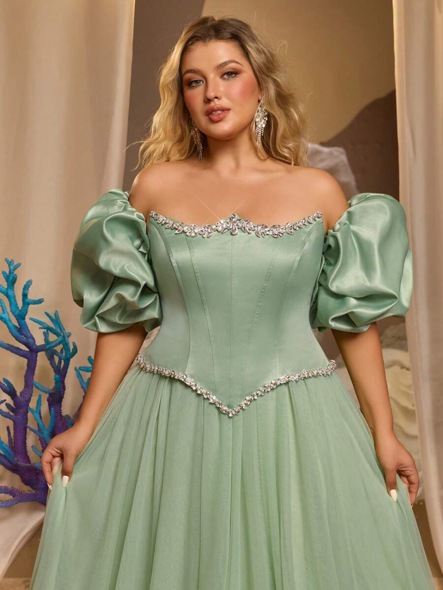 Glamrae Plus Size Light Green Satin Patchwork Chiffon Mermaid Luxury Crystal Decor Vintage Romantic Formal Gown (With 3D Shawl Included) - Mint Green - View 1