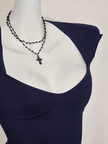 SHEIN ICON 性感露背甜心領休閒功能性（吸濕排汗）黑色T恤 - 寶藍色 - 查看 7