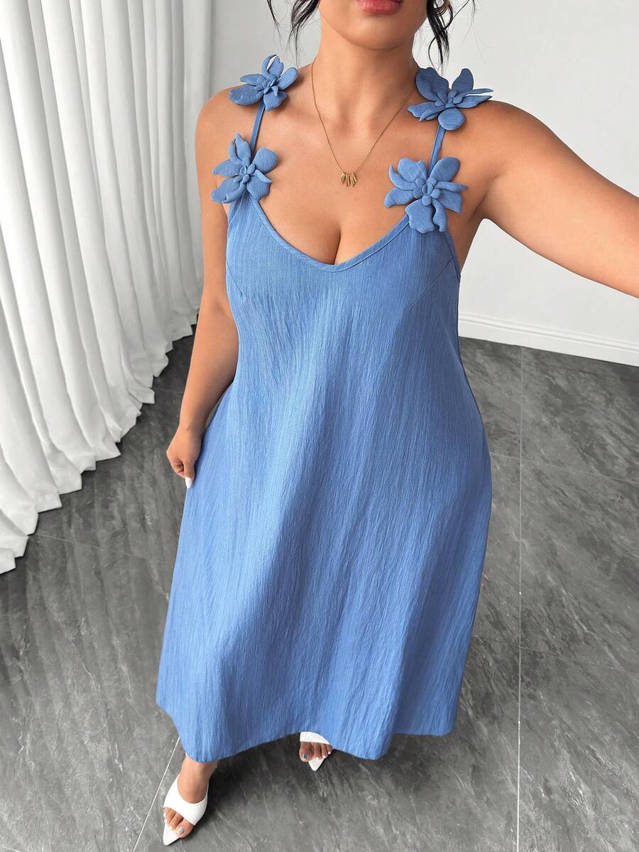 Elenzga Plus Size Women's Elegant Floral Textured Spaghetti Strap Maxi Dress,Blue Summer Tropical Tea Party Holiday, & Flattering Casual Party Gown - Dusty Blue - View 1
