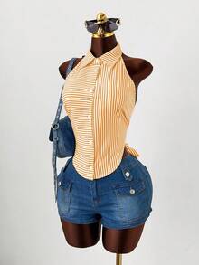 Sunspun Plus Size Women Casual Halter Neck Striped Hollow Out Shirt, Blue & White, Comfortable For Spring & Summer - Yellow - View 5