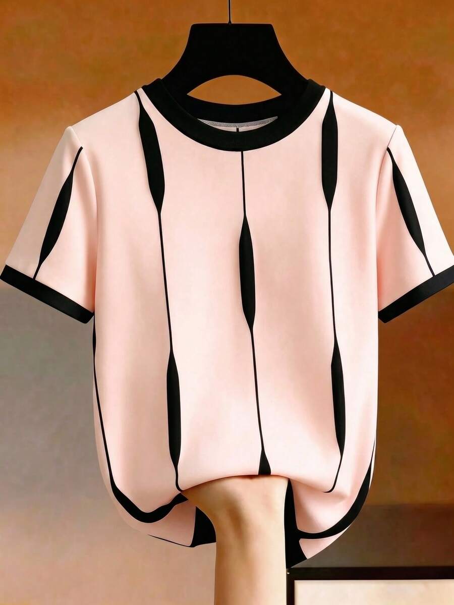 GlowEve Women's Casual Modest Color Block Round Neck Short Sleeve T-Shirt Summer Day Time Office Pink Stripe - Multicolor - View 1