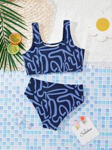 Young Girl All-Over Print Scoop Neck Casual Minimalist Camisole & Triangle Bikini Set Set, Suitable For Summer - Multicolor - View 2