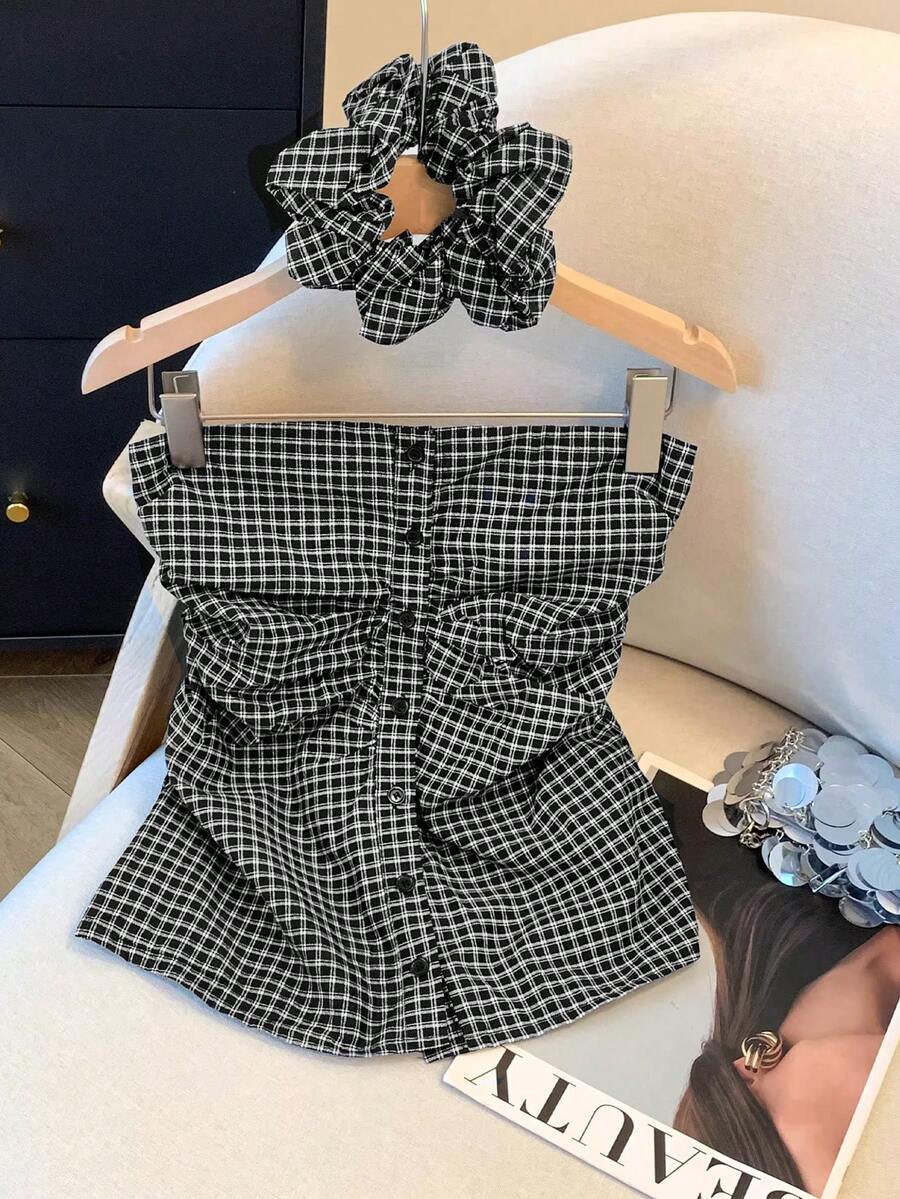 Franclia Women's Casual Plaid Print Ruched Bandeau Top With Hair Scrunchie - Black and White - View 1