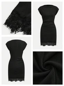Maija Summer Black Elegant Date Night Ribbed Short Dress,Lace Patchwork Cinched Waist Fitted Urban Elegant Vibe For Women Party Cocktail Wedding Guest - Black - View 7