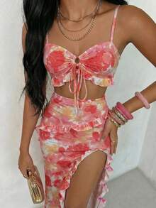 Glamine Sexy Beach Pink Camisole & Mini Skirt 2 Pieces Set - Watermelon Pink - View 3
