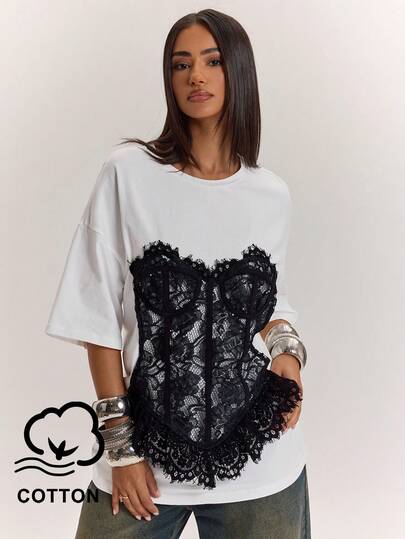 SHEIN BAE Tricou elegant pentru femei, casual, cu imprimeu petice din dantelă, lejer, potrivit pentru serviciu, bluză elegantă, bluză de vacanță, bluză de petrecere, bluză de ieșire, bluză albă