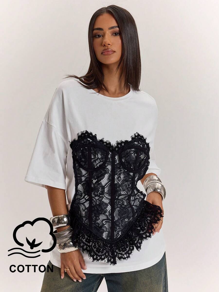 SHEIN BAE 女士优雅休闲假日蕾丝拼接宽松T恤,适合工作、优雅场合、度假、派对、外出等,白色衬衫 - 白色 - 查看 1
