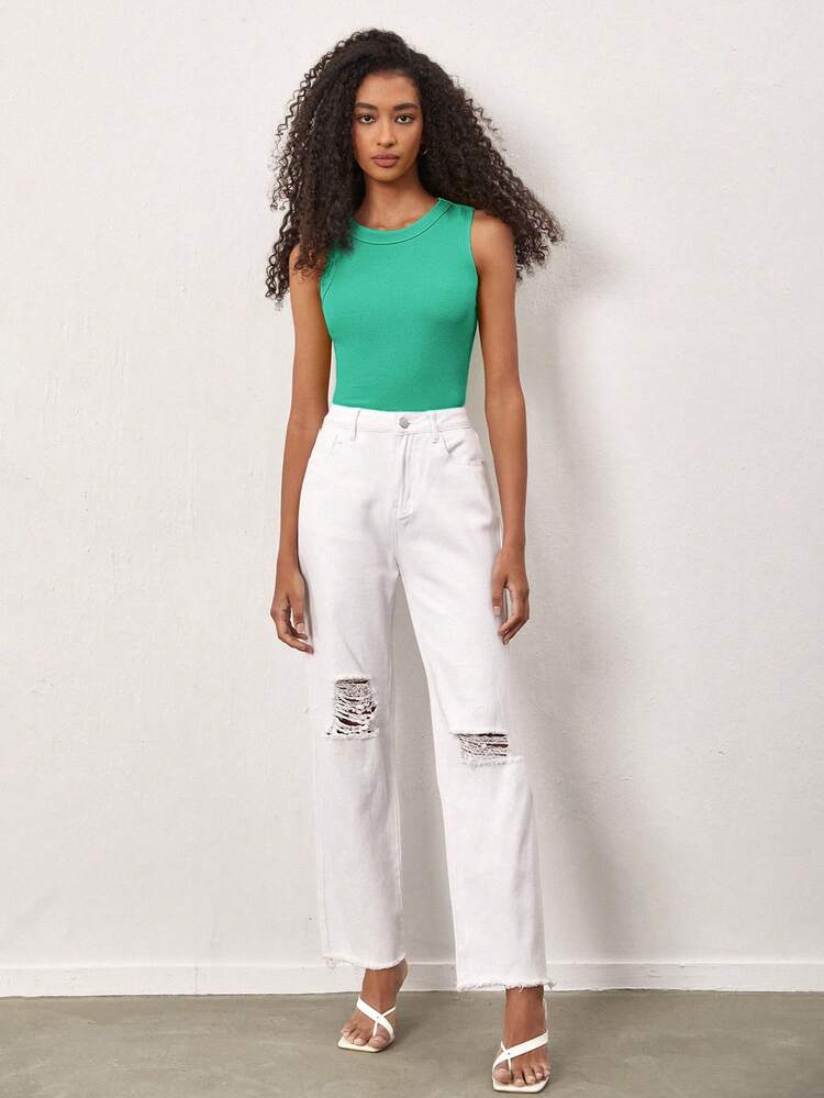 SHEIN BASICS Camiseta sin mangas casual de cuello redondo acanalada de unicolor para mujer - Verde - Añade 3