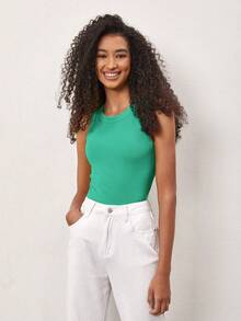 SHEIN BASICS 女士纯色罗纹圆领休闲吊带衫 - 綠色 - 查看 7