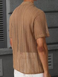 Manfinity Homme Men's Camel Summer Tropical Vacation Textured Waffle Knit Short Sleeve Button Down Shirt,Retro Cuban Collar Casual Fashion Versatile Outdoor Top - Brown - View 2