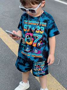 Young Boy's Casual Minimalist T-Shirt Set, Classic Cool Gradient Splash Ink Print, Stylish Cartoon Building Block, Book, Lightning Graphic, Text "I'M READY FOR 67+33 DAYS OF SCHOOL", Suitable For Spring/Summer, Suitable For School - Multicolor - View 3