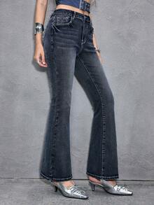 ROMWE Y2K Sexy Punk Style Vintage Low Waist Super Short Zipper Rivet Pocket Embroidery Women Denim Jeans, Spring/Summer Swimming Pastal - Medium Wash - View 5
