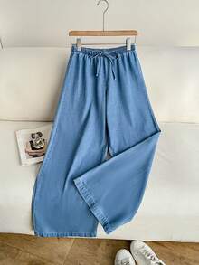 SHEIN Quần jean ống rộng thắt eo - Màu xanh lam - Xem 2
