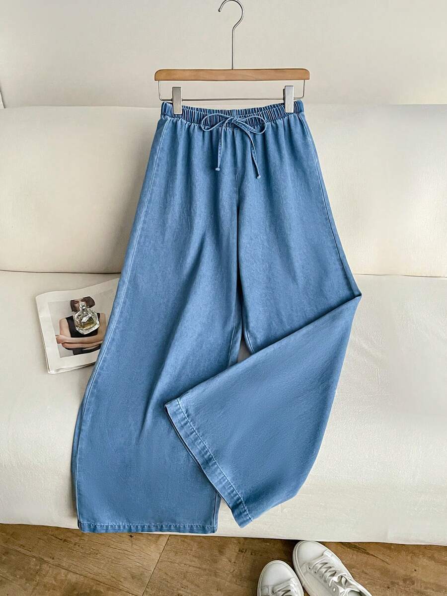 SHEIN Jeans de pierna ancha con cintura de lazo - Azul - Ver 1
