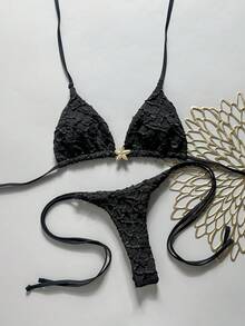 Swim Vcay 2pcs/Set Animal Print Random Pattern Halter Triangle Cup Bra And Side Tie Cheeky Bikini Swimwear Set, Sexy Women Beach Holiday - Black - View 1
