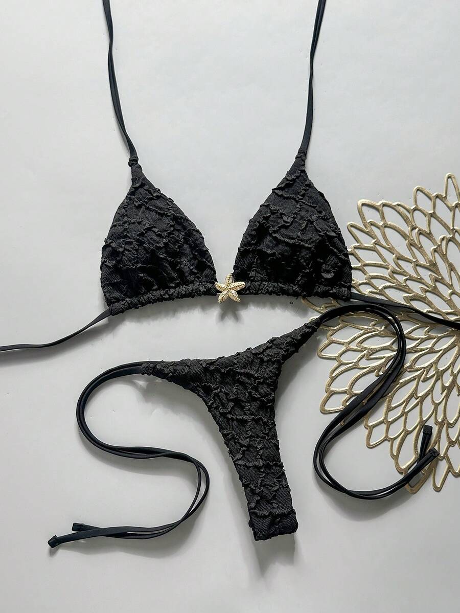 Swim Vcay 2pcs/Set Animal Print Random Pattern Halter Triangle Cup Bra And Side Tie Cheeky Bikini Swimwear Set, Sexy Women Beach Holiday - Black - View 1
