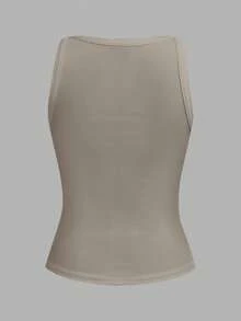 Slaydiva Khaki Summer Casual Vacation Women Ribbed V-Neck Racerback Gathered Tank Top,Solid Versatile Basic Boho Style Ribbed Knit Shirt For Party Going Out - Grey - View 2