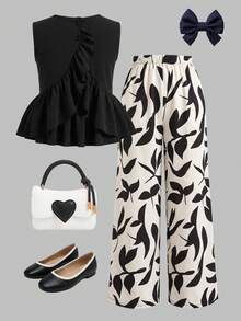Conjunto de 2 piezas de camiseta y pantalones para niñas preadolescentes, sin mangas con volantes en la espalda e impresión de mariposa, atuendo de verano casual - Multicolor - Ver 2