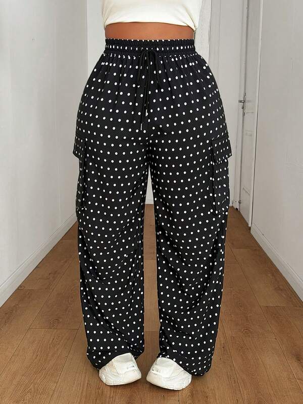 SHEIN Tall CURVE プラスサイズ ドット柄 カジュアル ドローストリング ウエストパンツ