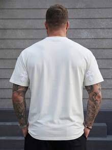 Manfinity Homme 男士加大码街头风流行INS风十字架全印花毛巾刺绣，日常穿着，男友/老公礼物，周年纪念礼物，白色十字架短袖T恤 - 白色 - 查看 2